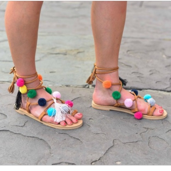 Goodnight Macaroon Shoes - Pom Pom Leather Lace Up Sandals